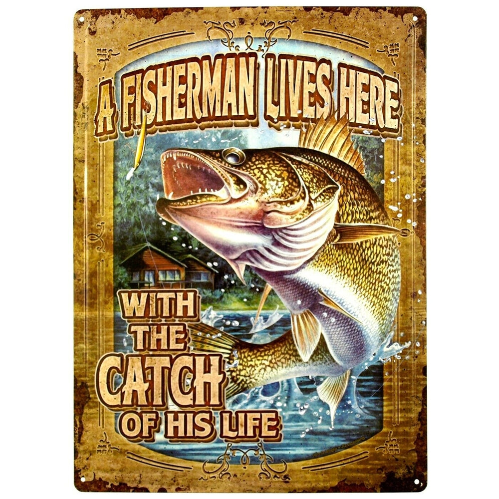 A Fisherman Lives Here With The Catch Of His Life Embossed Metal Sign 17" x 12" Home & Garden:Home Décor:Plaques & Signs Style Your Walls